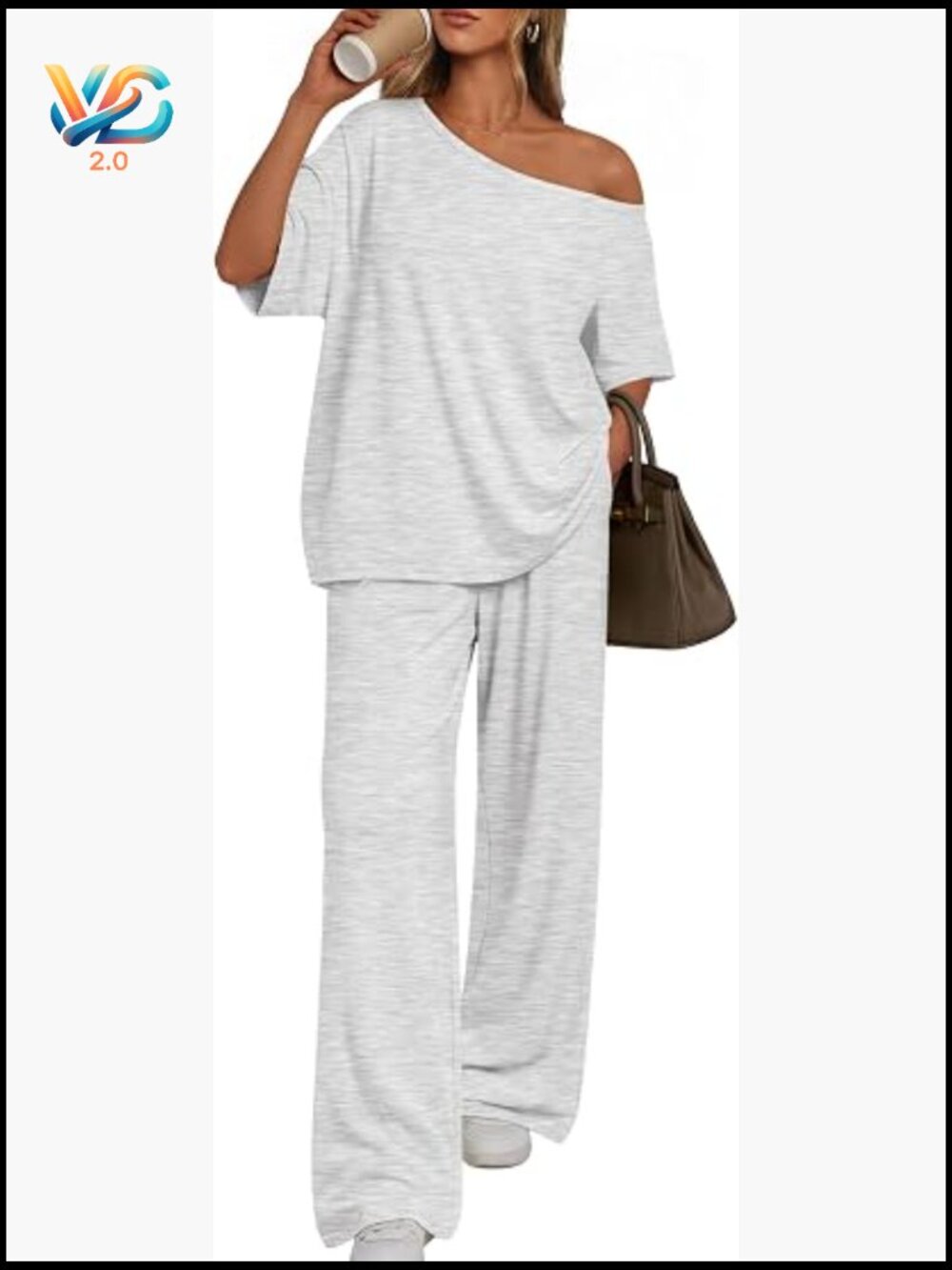 Oversized 2 Piece Lounge Set Off Shoulder Top Wide Leg Pants Soft Rayon Spandex